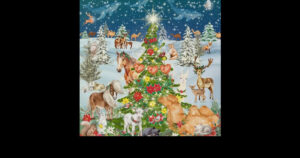 ornament artwork showing illustrated animals around a decorated tree