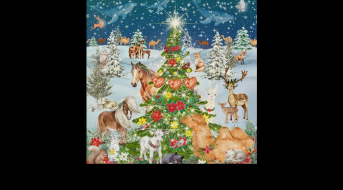 ornament artwork showing illustrated animals around a decorated tree